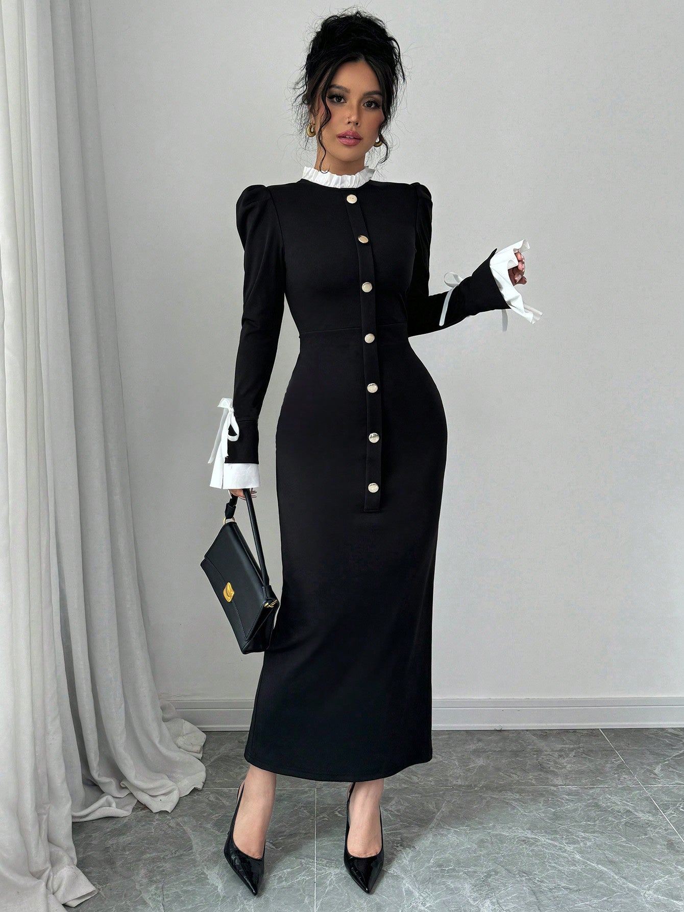Elegant Button Front Contrast Midi Dress