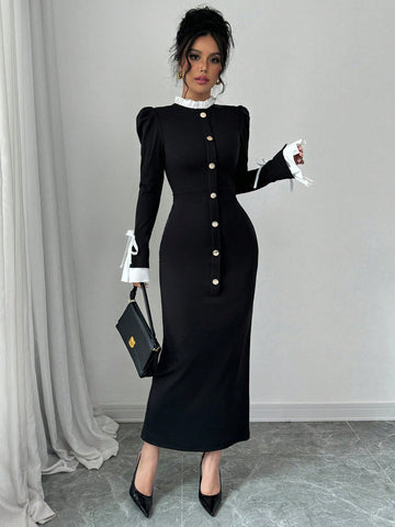 Elegant Button Front Contrast Midi Dress