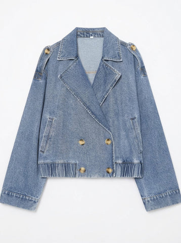 Cropped Double Breasted Denim Jacket