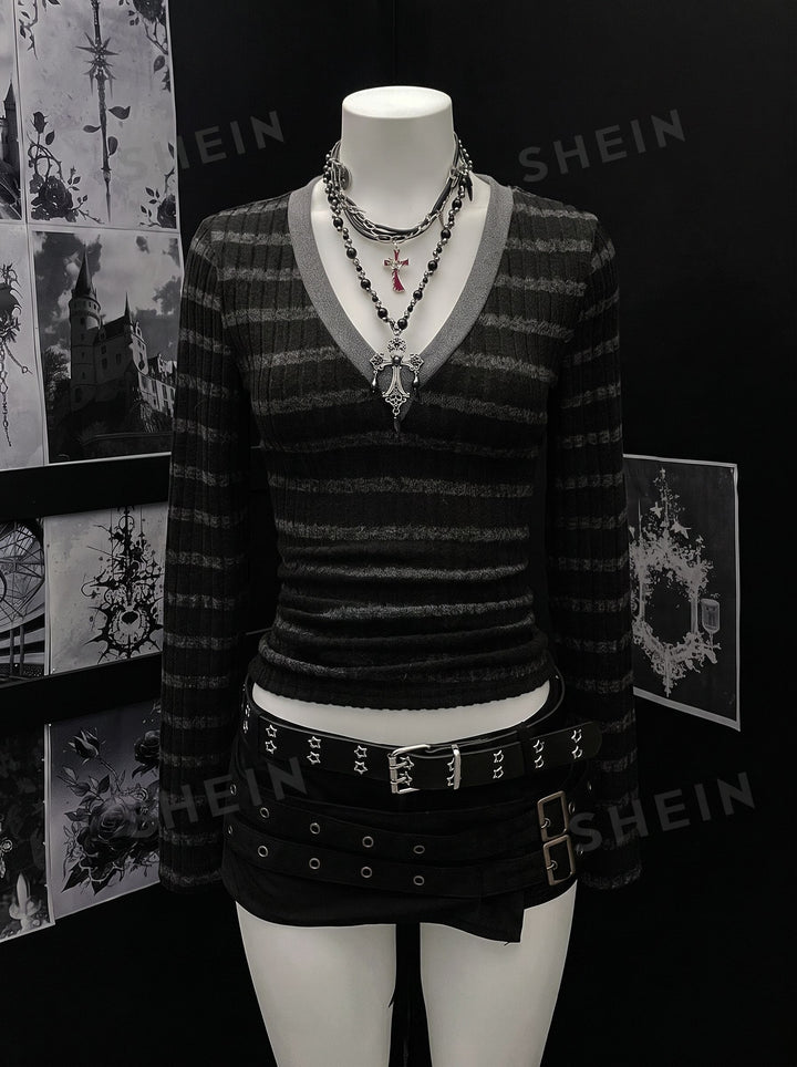 Goth Striped V Neck Long Sleeve Tee