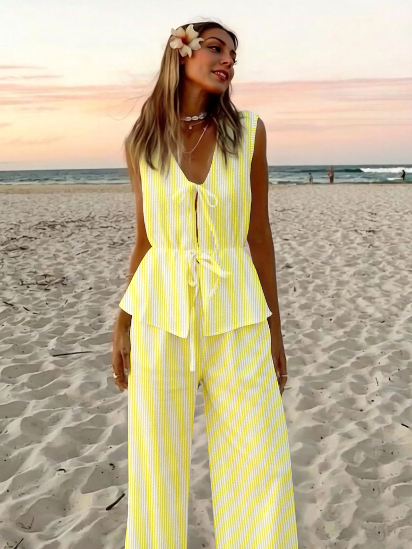 Yellow Striped Sleeveless Pants Set