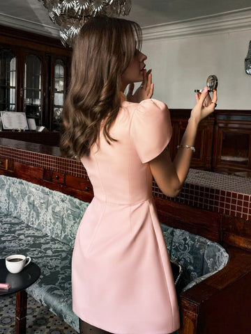Elegant Button Front Puff Sleeve Dress