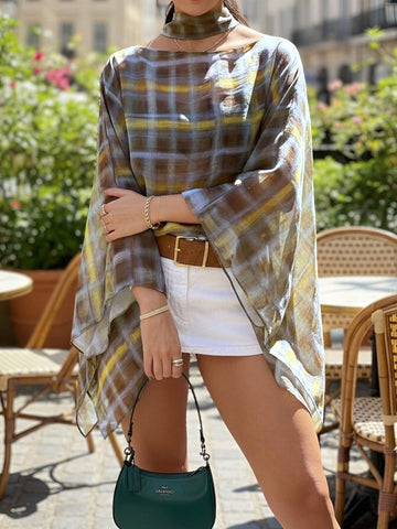 Plaid Bardot Neck Blouse