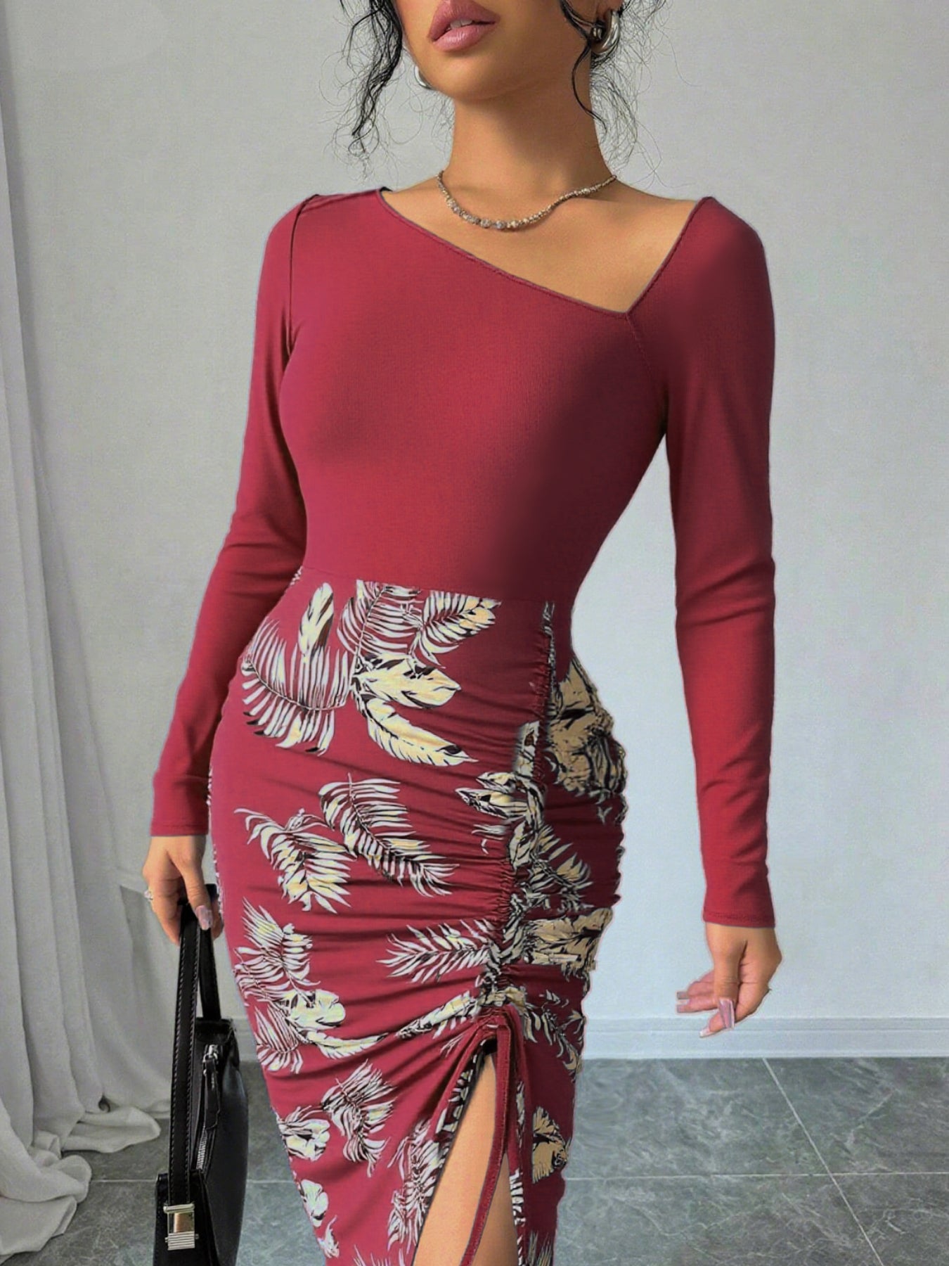 Asymmetric Ruched Slit Tropical Midi Dress