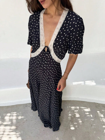 Polka Dot Lace Trim Midi Dress