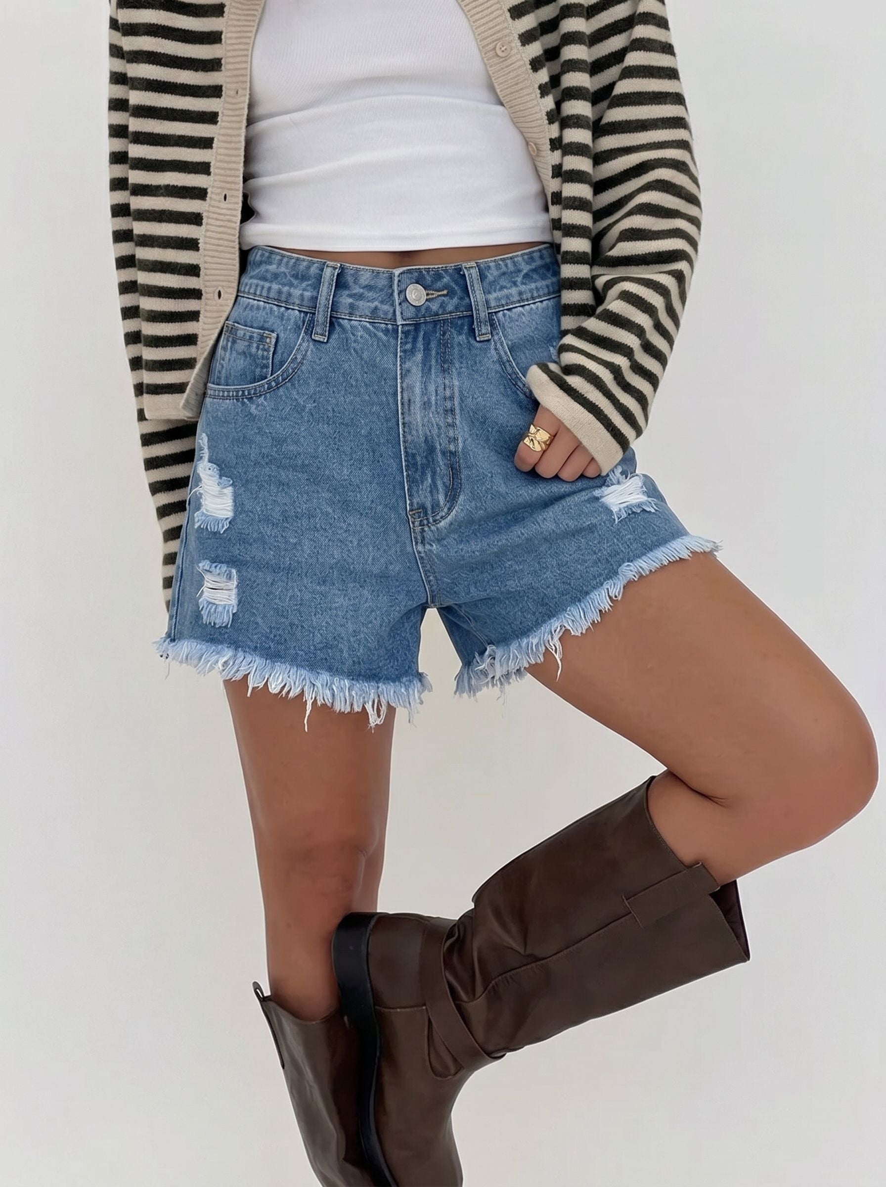 High Waisted Distressed Raw Hem Shorts