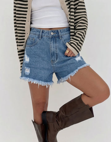 High Waisted Distressed Raw Hem Shorts