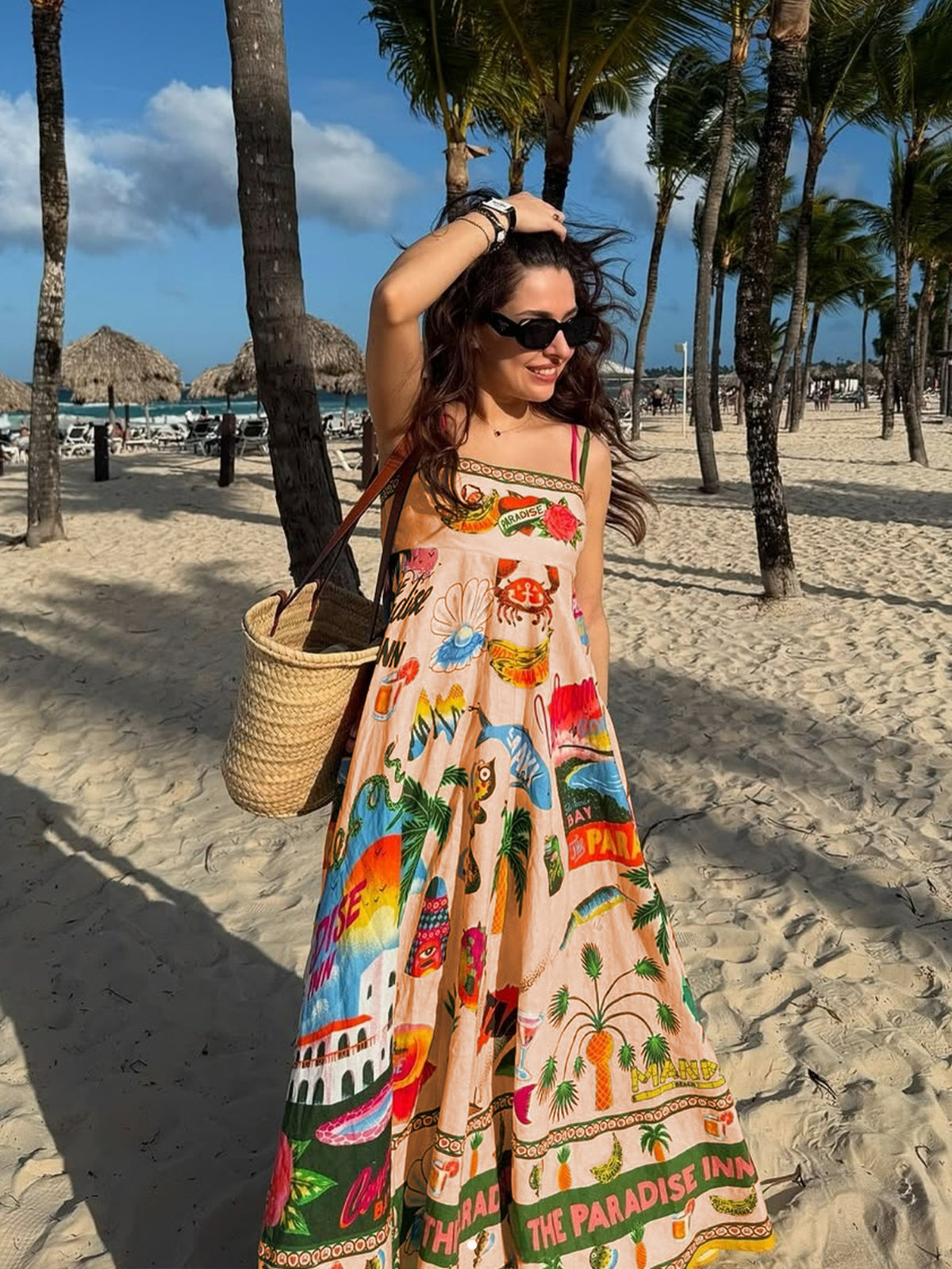 Tropical Print Spaghetti Strap Midi Dress