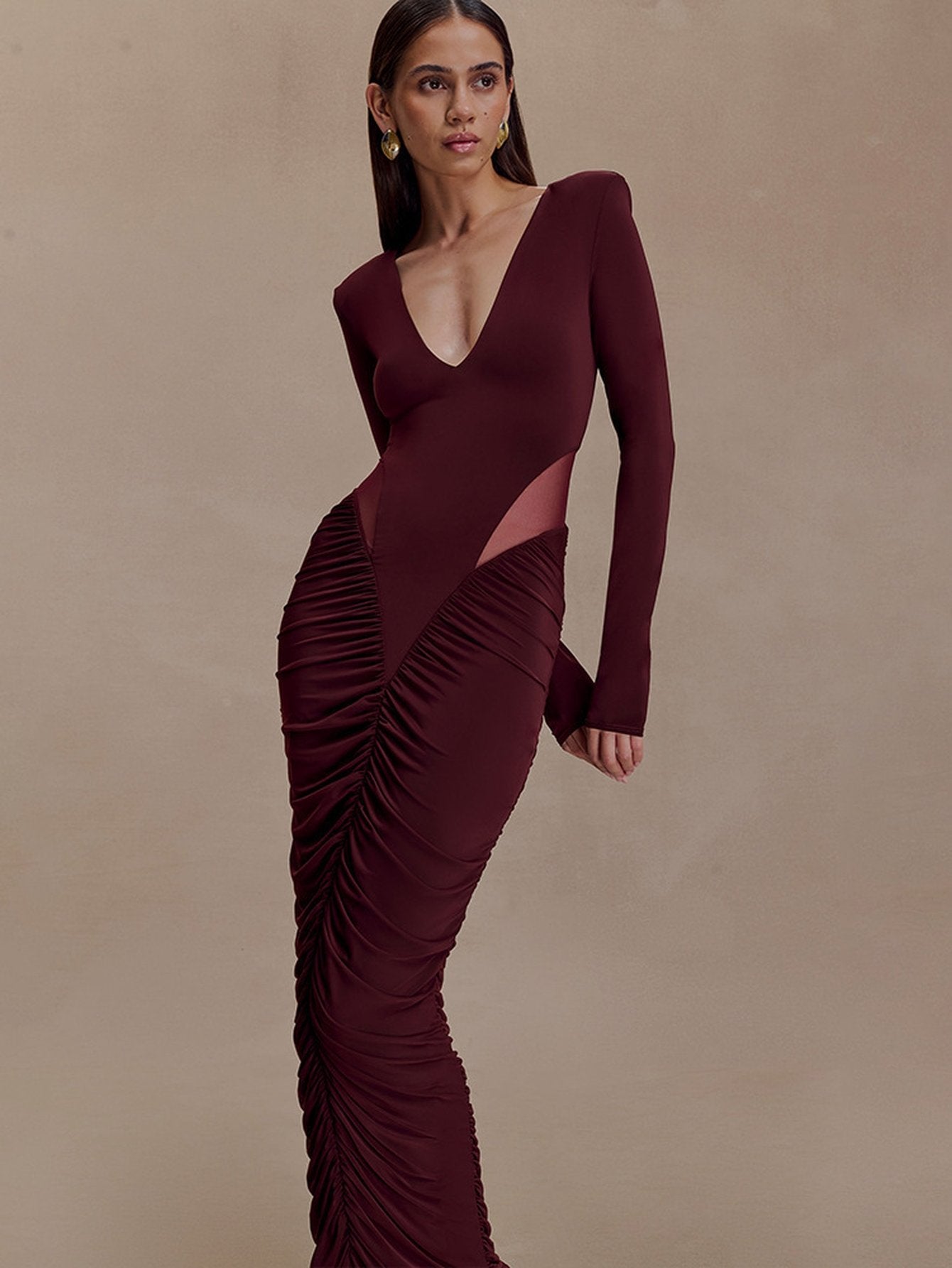 Sleek Ruched Mesh Detail Maxi Dress