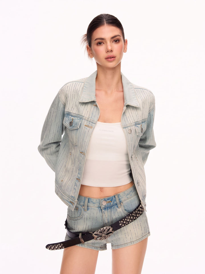 Sparkling Rhinestone Cropped Denim Jacket