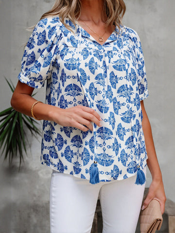 Floral Print Tie Neck Chiffon Blouse