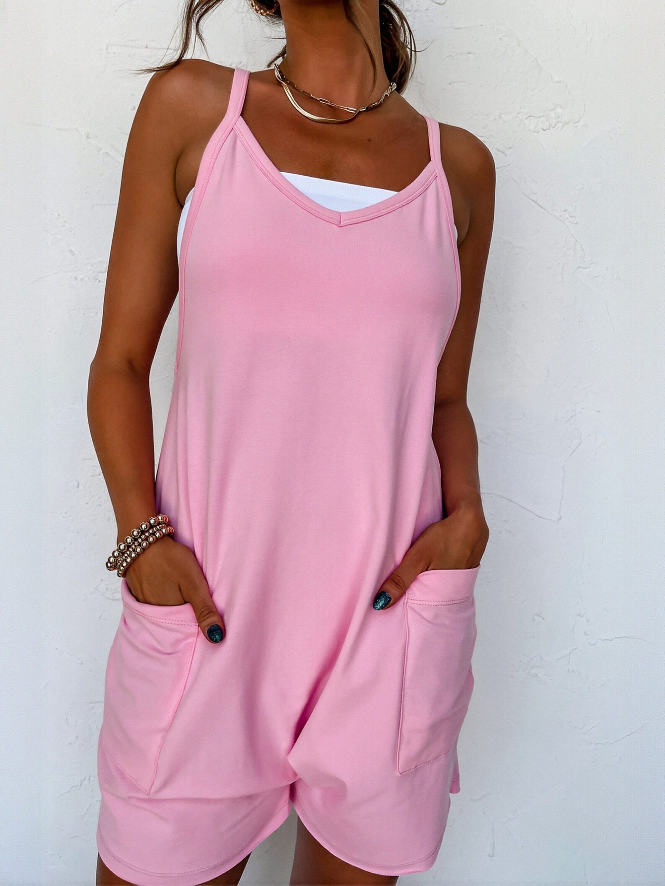Casual V Neck Pocket Romper