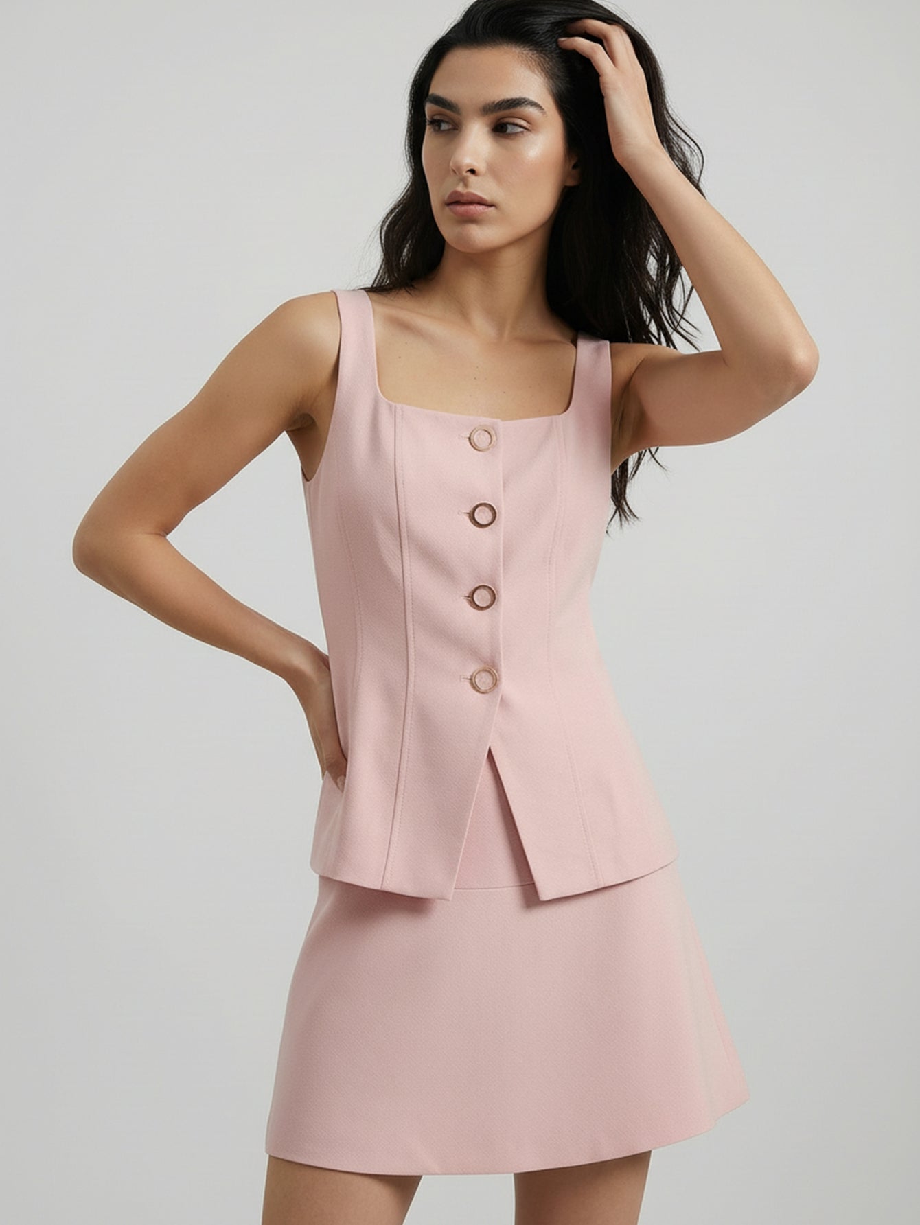 SAÏA Square Neck Ring-Button Elegant Tank-Pink