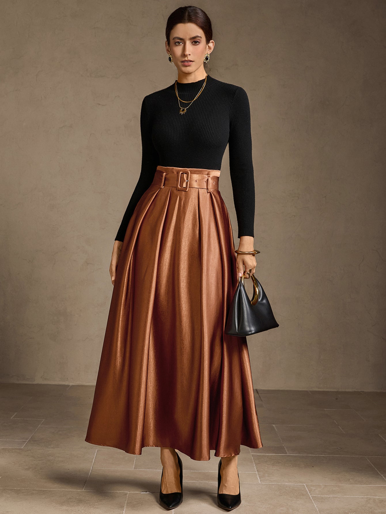 High Waisted Pleated Satin Midi Skirt