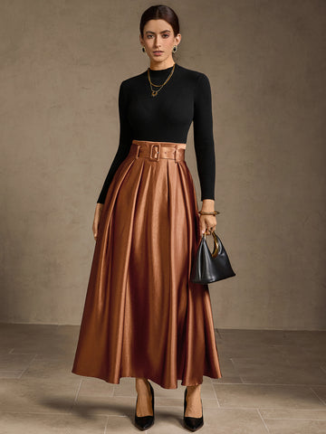 High Waisted Pleated Satin Midi Skirt