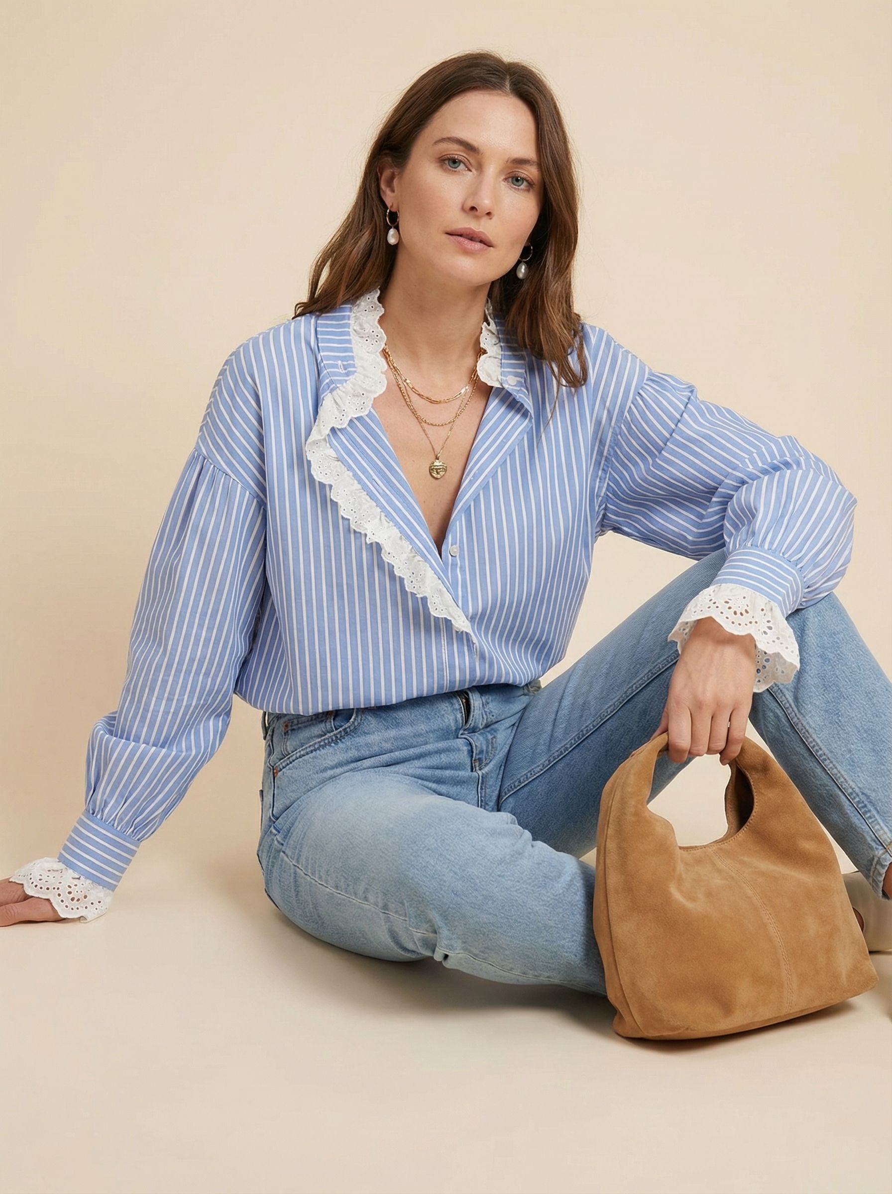 Striped Loose Fit Lace Panelin Bohemian Shirt-Blue