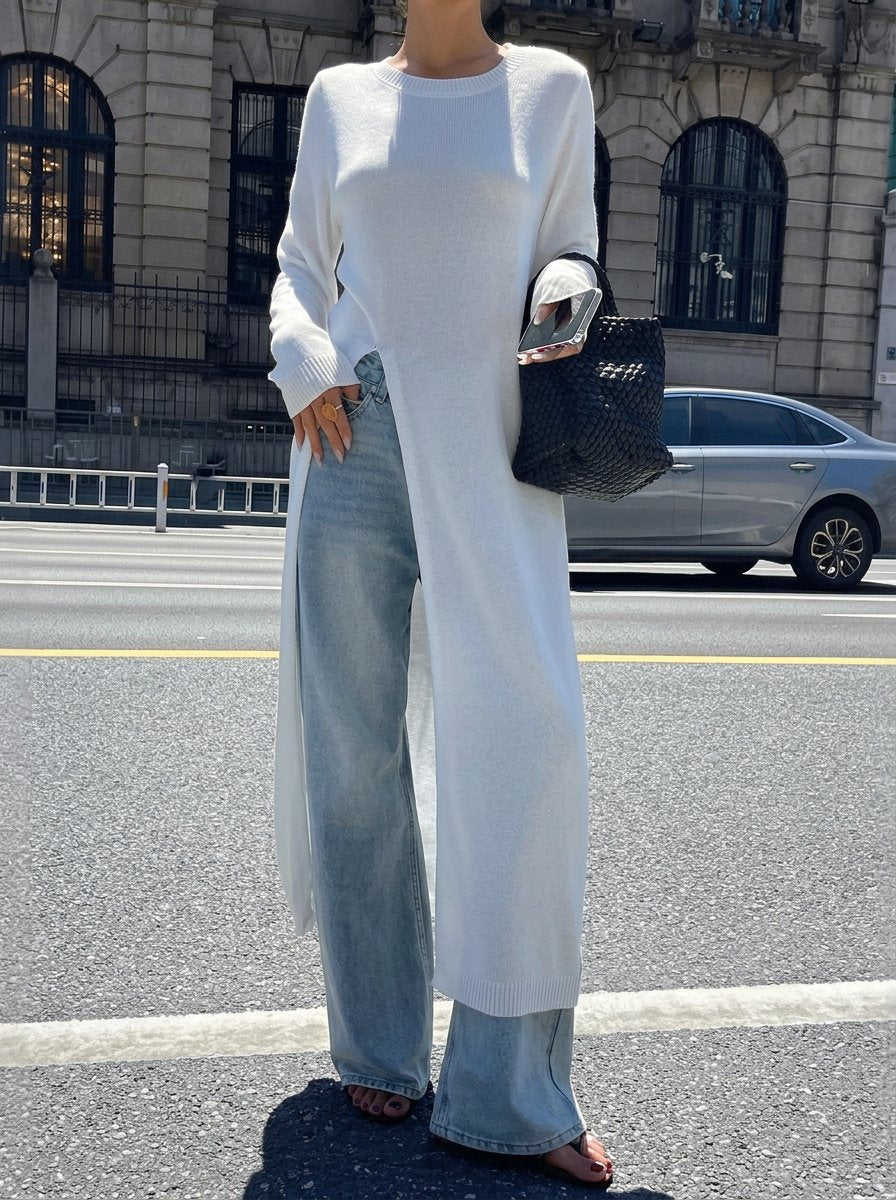 Ribbed Slit Hem Knit Sweater Dress