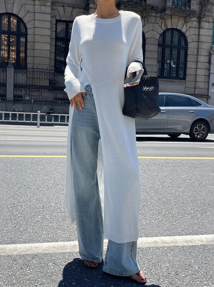 Ribbed Slit Hem Knit Sweater Dress
