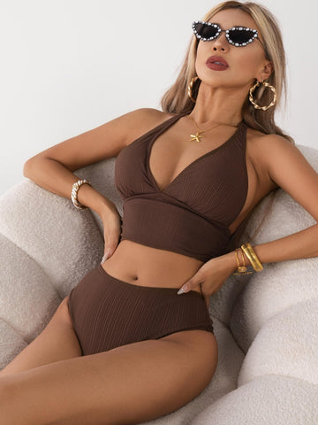 Halter Plunge High Waist Two Piece Swimsuit