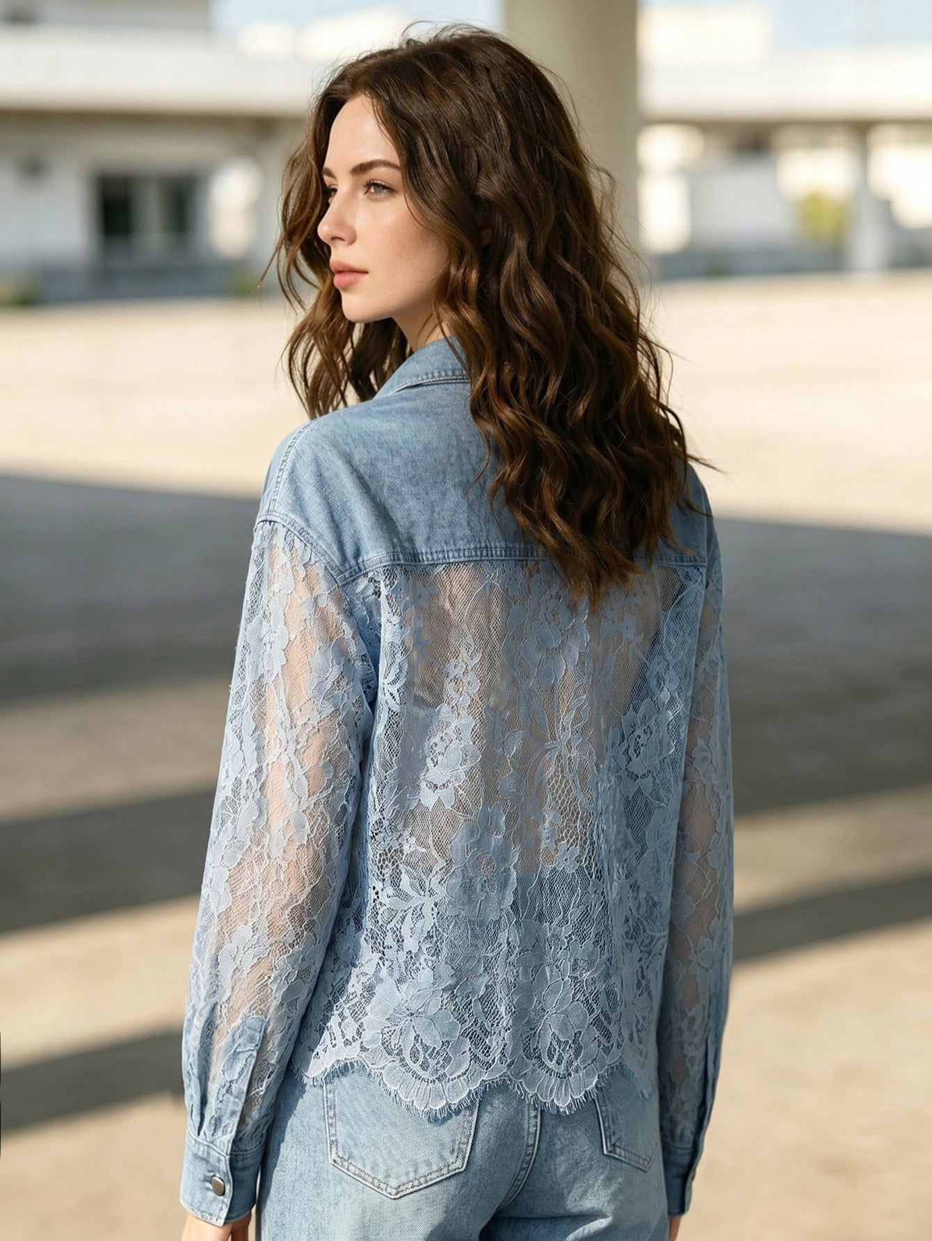 Sheer Lace Patchwork Denim Jacket