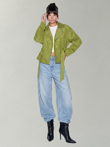 Oversized Belted Suede Moto Jacket