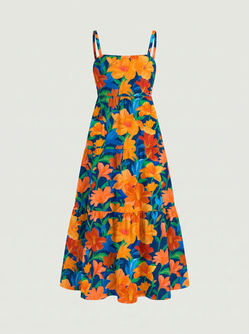 FLORA Floral Print Tiered Strap Midi Dress
