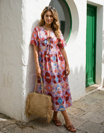 Tie Neck Pocket Detail Midi Dress