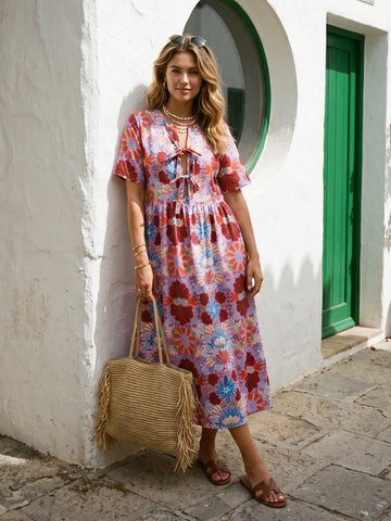 Tie Neck Pocket Detail Midi Dress