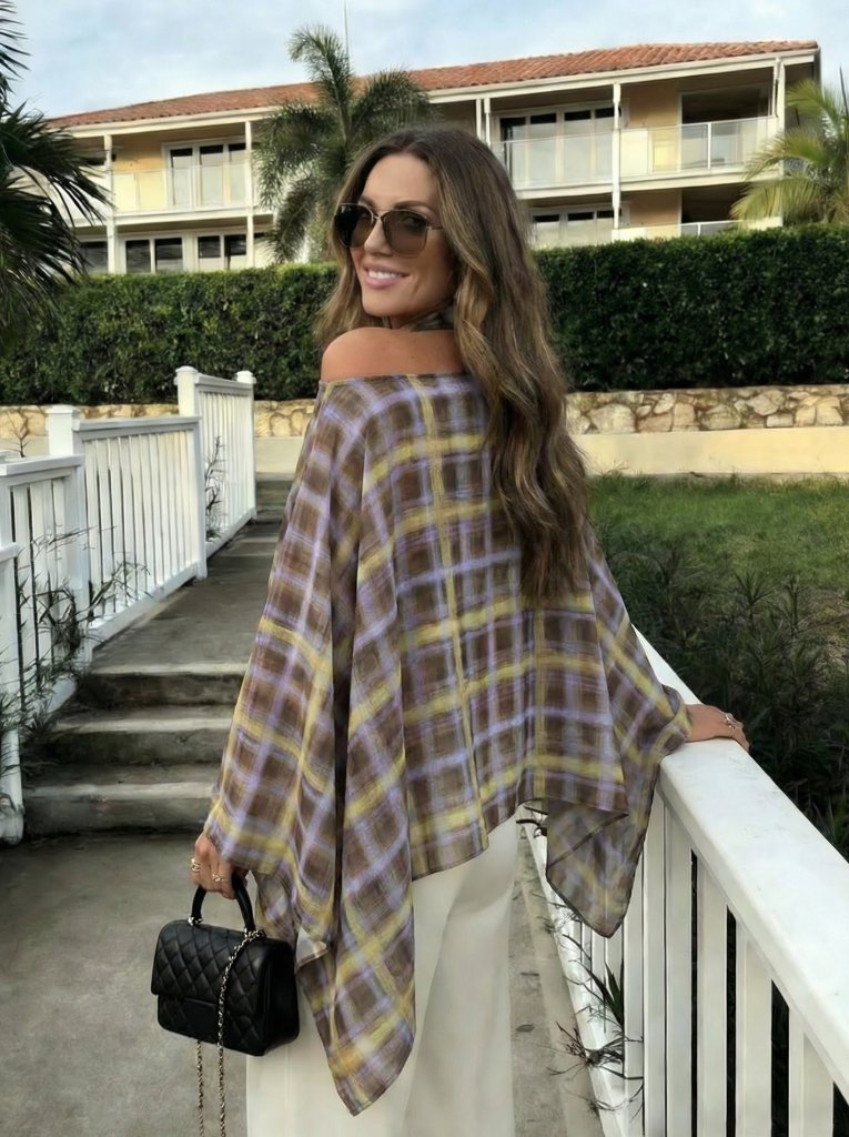 Plaid Bardot Neck Blouse