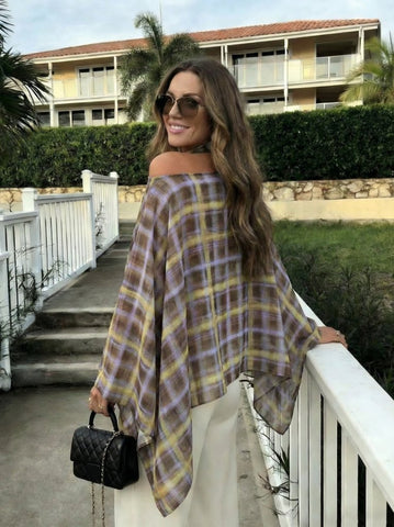 Plaid Bardot Neck Blouse