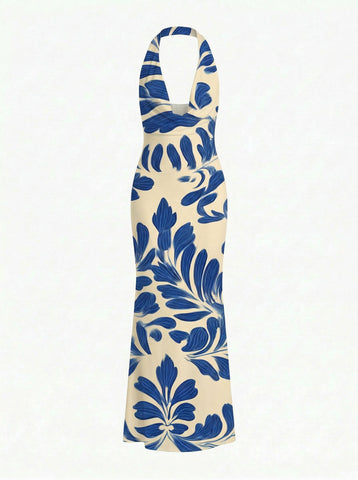 Floral Print Cowl Neck Bodycon Maxi Dress