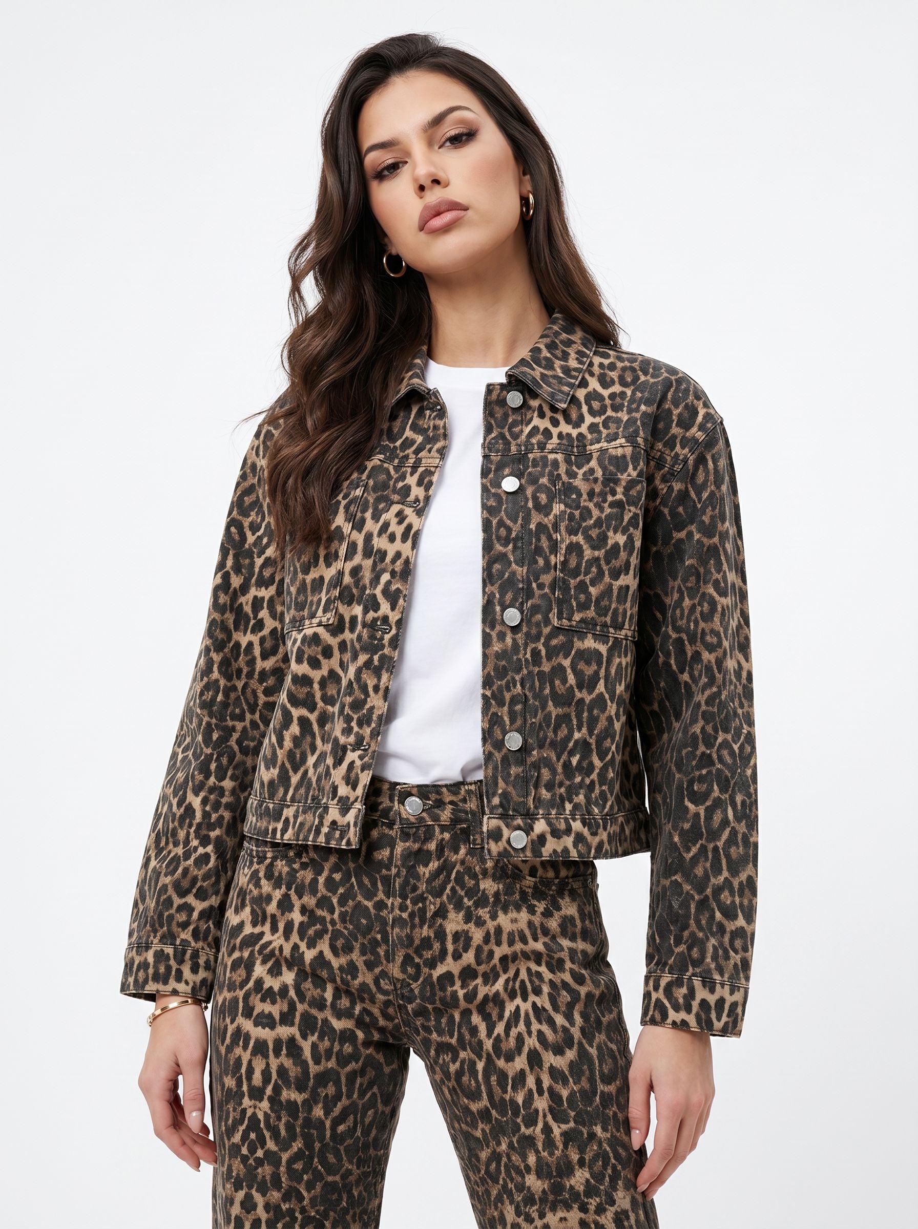 Leopard Print Cropped Denim Jacket