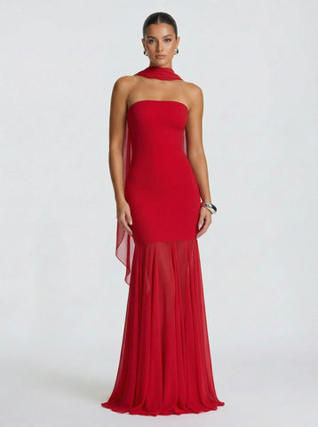 Halter Neck Sheer Panel Elegant Maxi Dress