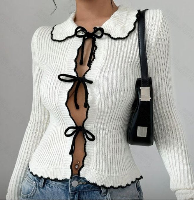 Contrast Bow Tie Ribbed Cardigan
