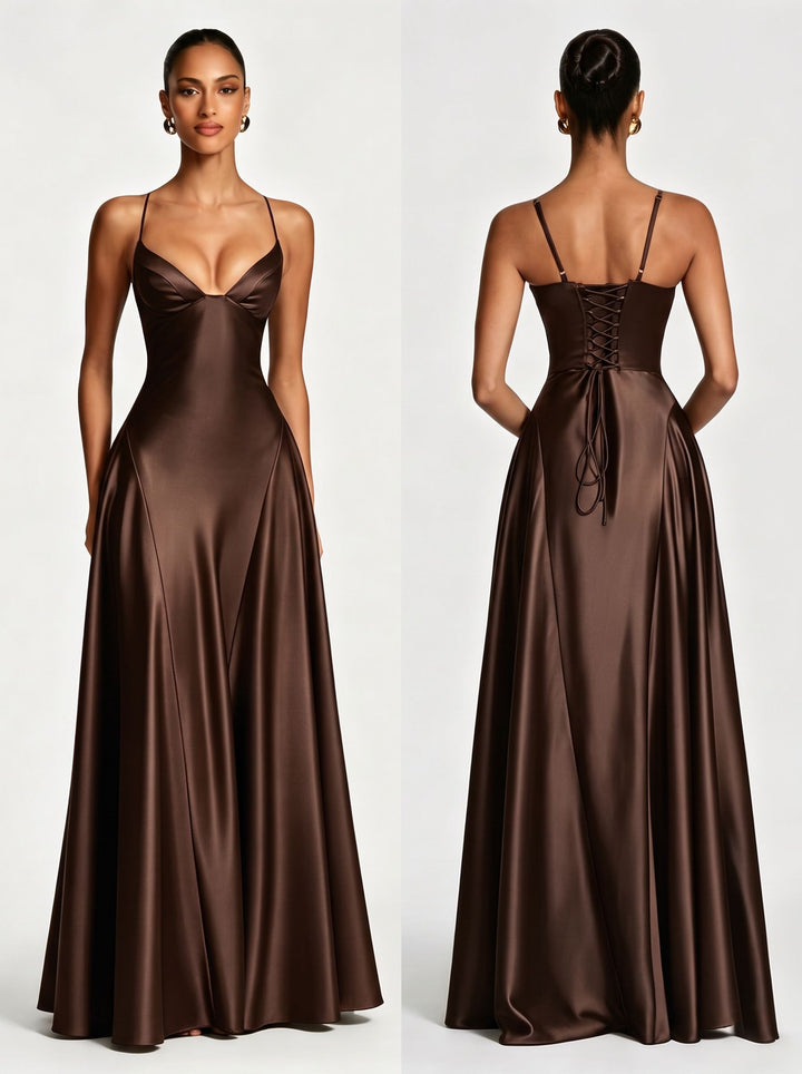 Elegant Satin V Neck Maxi Dress