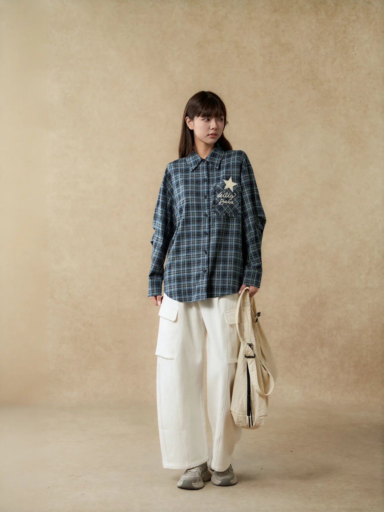 Oversized Plaid Star Embroidered Button Down Shirt