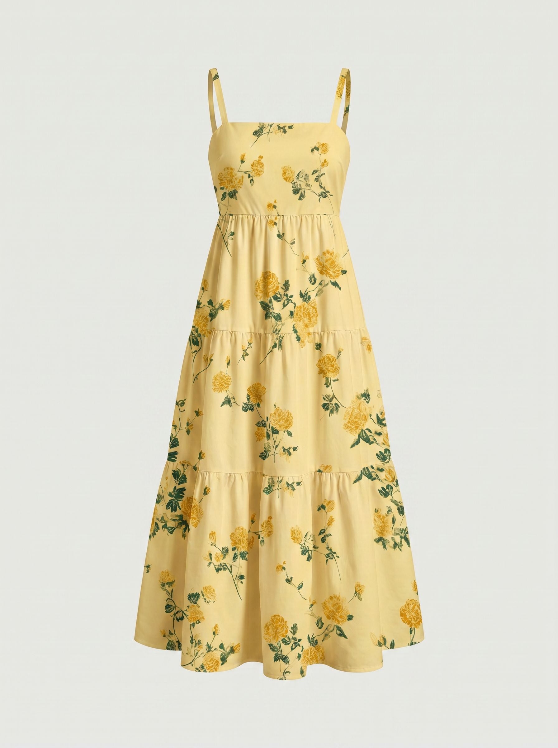 FLORA Floral Print Tiered Strap Midi Dress