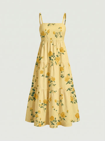 FLORA Floral Print Tiered Strap Midi Dress