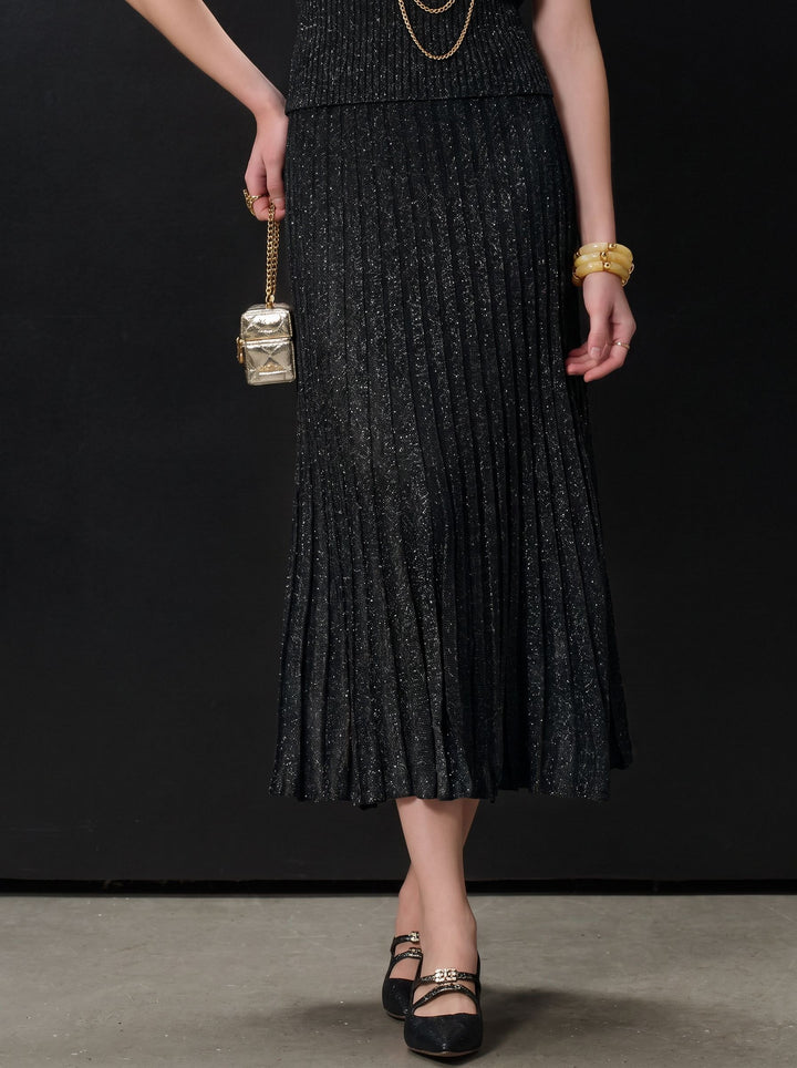 Metallic Shimmer Pleated Midi Skirt