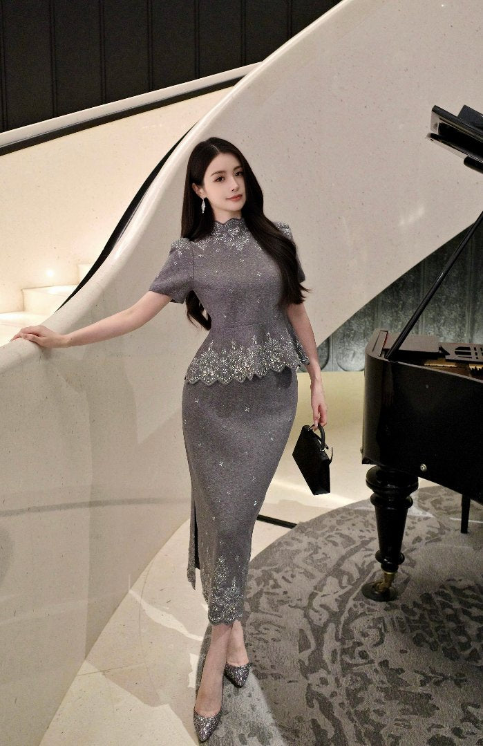 Embellished Peplum Knit Sweater Dress