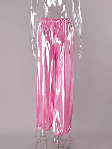 Metallic Satin Drawstring Wide Leg Pants