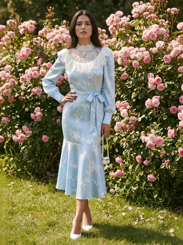 Vintage Lace Trim Floral Midi Dress