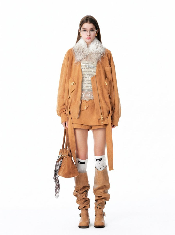 Faux Fur Trim Suede Jacket