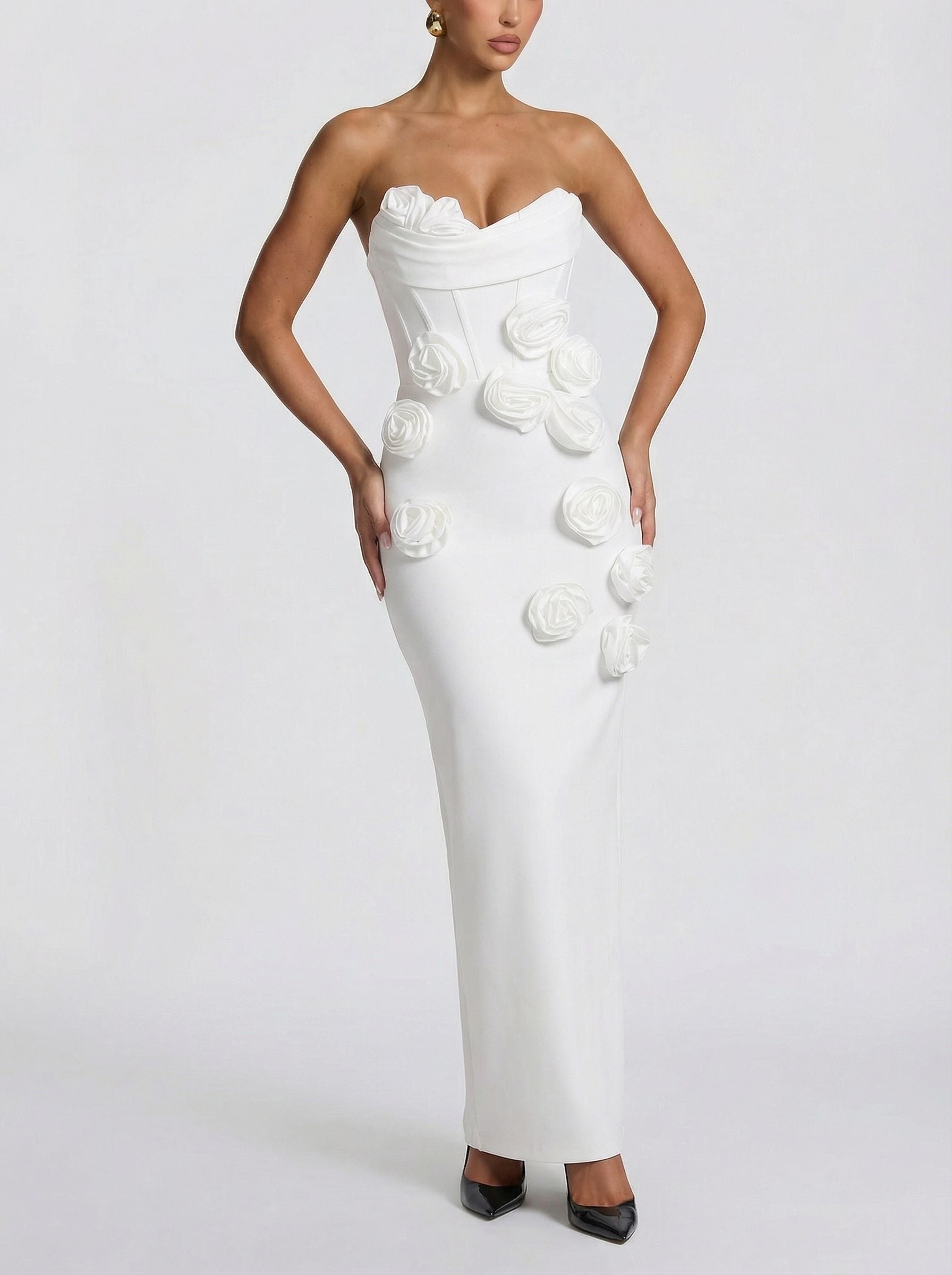 Corset Bodice Floral Slim-Fit Maxi Evening Dress-White