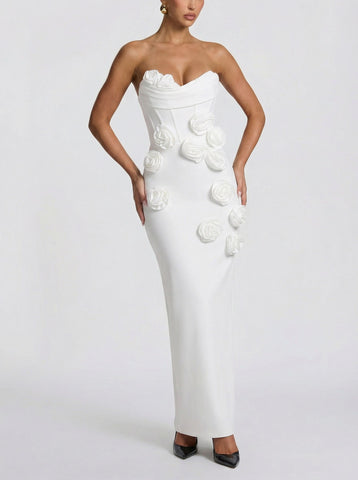 Corset Bodice Floral Slim-Fit Maxi Evening Dress-White