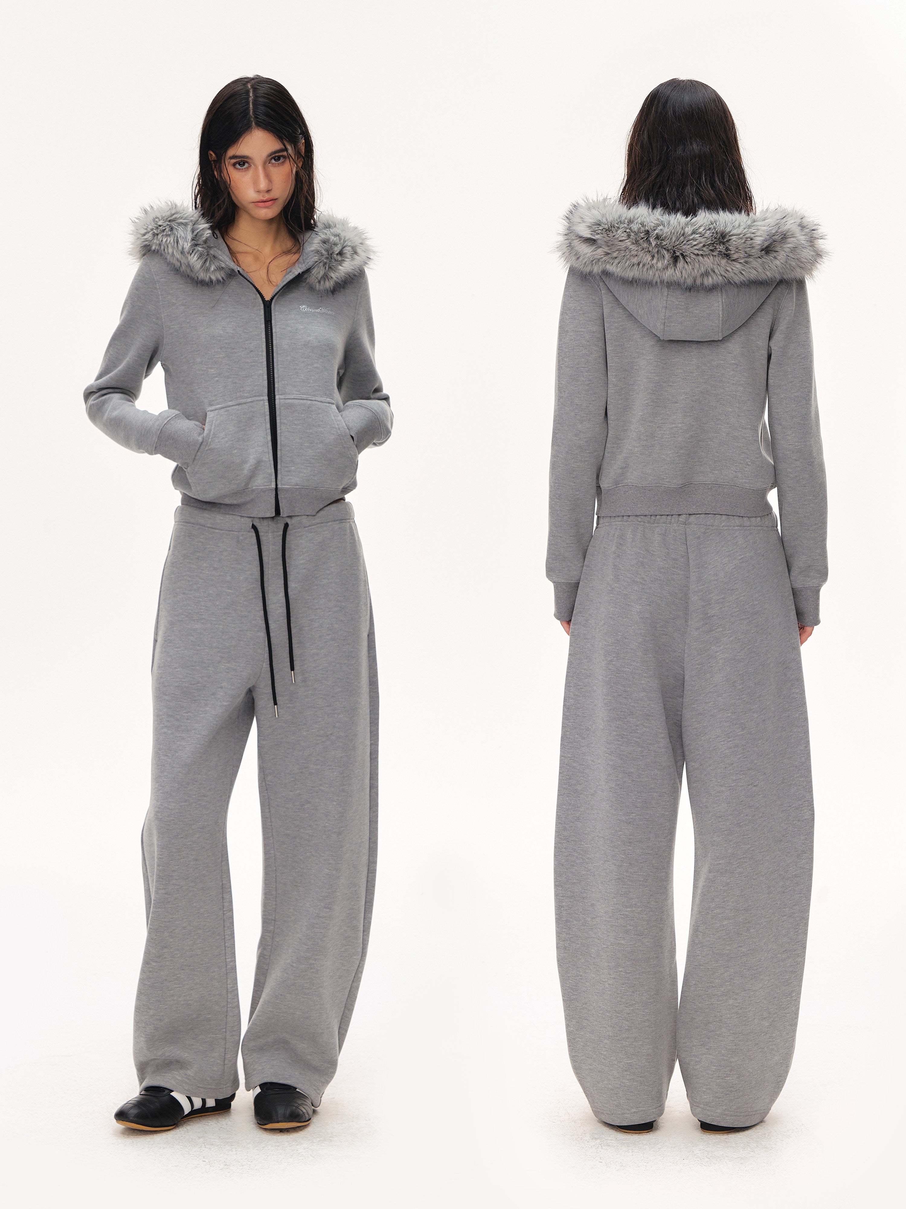 Faux Fur Hooded Zip Up Jacket