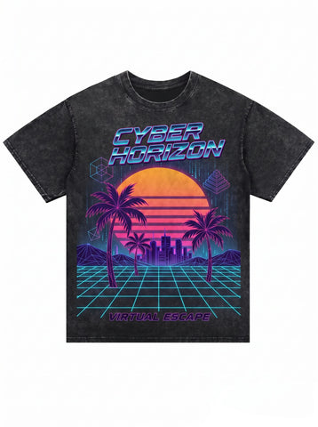 Vintage Washed Retro Synthwave Graphic T-Shirt