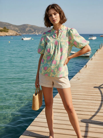 Floral Print Keyhole Neck Blouse