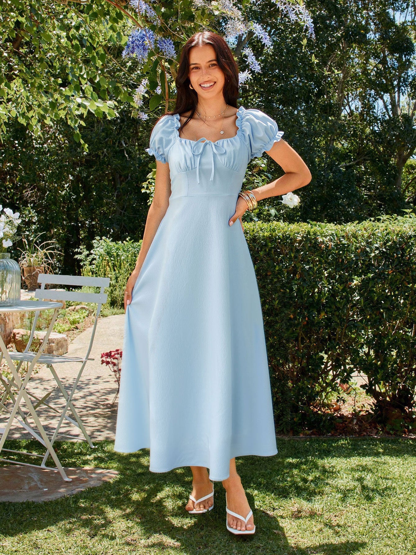 Square Neck Ruffle Sleeve Midi Dress