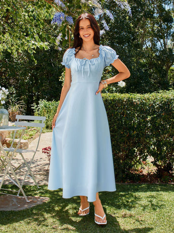 Square Neck Ruffle Sleeve Midi Dress